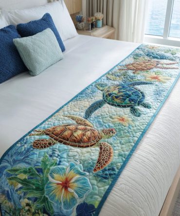 Coastal Shoreline Quilted Bed Runner — Luxury Beach-Themed Bed Scarf For Queen/King, Nautical Accent, Lightweight & Easy Care