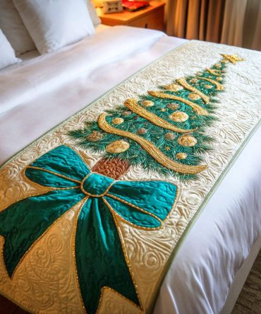 Silent Evergreen Quilted Bed Runner — Serene Evergreen Tree Design, Neutral Quilted Decorative Runner For Holiday & Winter Bedroom Styling