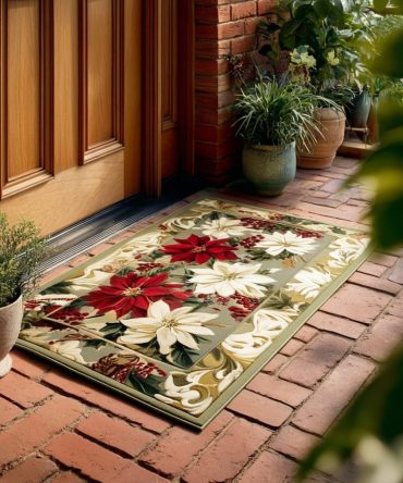Silver Poinsettia Holiday Doormat — Elegant Festive Coir Entrance Rug, Weatherproof Non-Slip Porch Mat For Christmas, Seasonal Home Styling