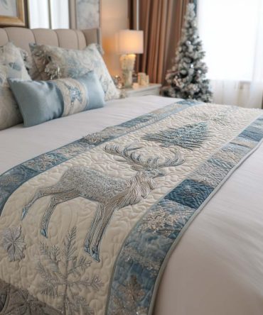 Silver Reindeer Lux Quilted Bed Runner — Elegant Metallic Reindeer Motif Bed Scarf For Holiday Glam, Soft Quilted Finish