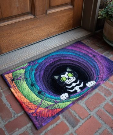 Skeleton Black Cat Welcome Mat — Playful Gothic Coir Doormat With Non-Slip Backing For Porch, Door & Indoor Use