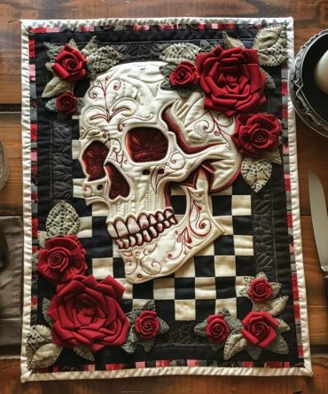 Skull & Roses Quilted Placemat — Edgy Skull With Rose Design Quilted Cotton Table Mat for Alternative & Gothic Dining, Durable & Washable