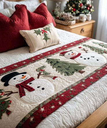 Smiling Snowman Quilted Bed Runner — Whimsical Christmas Bedding Accent, Cute Quilted Scarf For Kids' Rooms & Holiday Home Styling
