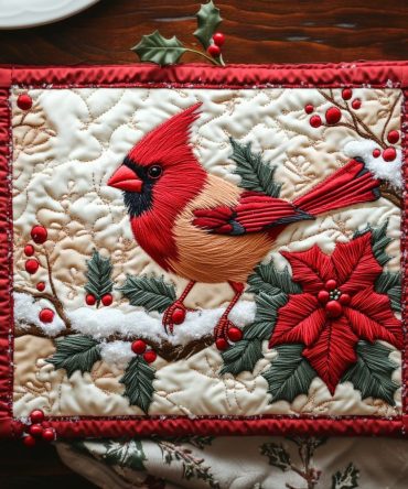 Handmade Snow Cardinal Placemat - Winter Bird Design Table Mat, Cozy Cotton-Blend, Durable Protection, Easy Machine Wash Care, Perfect Gift