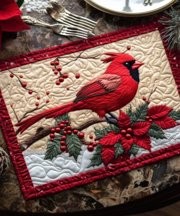 Snow Cardinal Quilted Placemat — Winter Bird Table Accent in Snow Palette, Thick Quilted Texture, Holiday Dining & Seasonal Coffee Table Mat