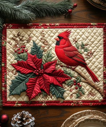 Snow Cardinal Quilted Placemat - Winter Cardinal Table Mat For Holiday Dining, Festive Bird & Snow Scene Placemat, Washable & Durable