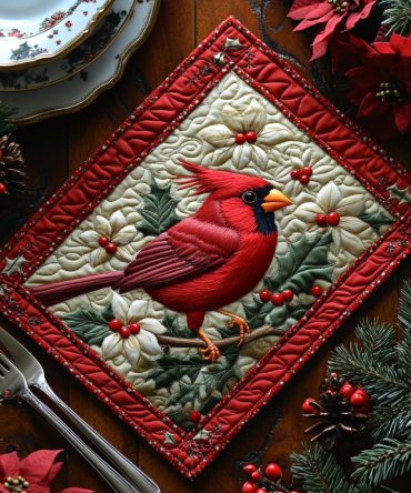 Snow Cardinal Quilted Placemat - Festive Winter Cardinal Table Mat, Premium Cotton-Blend, Heat & Stain Resistant, Machine Washable