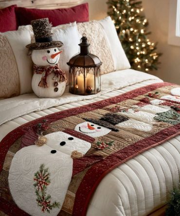 Snow Delight Festive Quilted Bed Scarf — Plush Winter Bedding Accent For Queen & King, Soft White & Silver Holiday Style