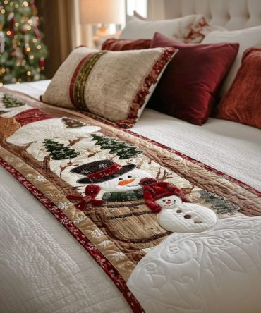 Snow Glow Holiday Quilted Bed Scarf — Luxury Winter Bed Accent For Queen & King Beds, Soft Cotton Feel, Festive White Decor