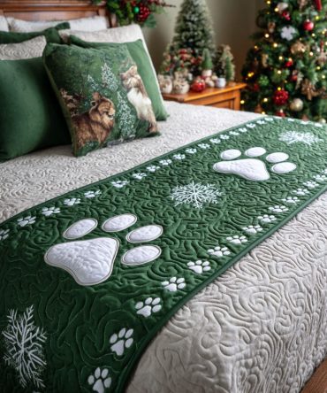 Snow Pawpath Quilted Bed Runner — Winter Paw-Print Bed Scarf For Pet Lovers & Cabin Décor, Quilted Decorative Accent, Reversible