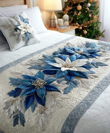 Festive Poinsettia Snow Quilted Bed Runner - Luxury Holiday Bed Scarf For Queen & King Beds, Reversible Decorative Throw