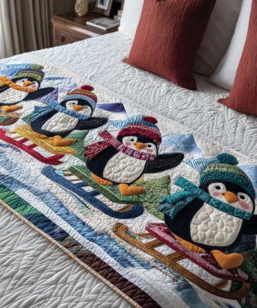 Snow Sledding Quilted Bed Runner — Nostalgic Winter Sports Bed Scarf With Quilted Detailing, Cozy Holiday Bedroom Accent