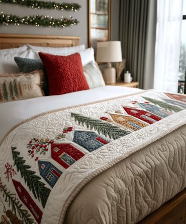 Snowcapped Village Quilted Bed Runner - Charming Winter Village Scene In Cream & Blue, Quilted Christmas Bedding Accent, Reversible & Washable