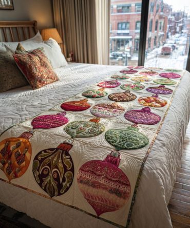 Snowdrop Joy Winter Quilted Bed Scarf — Delicate Floral Holiday Bed Runner For Subtle Seasonal Charm & Cozy Bedroom Makeover