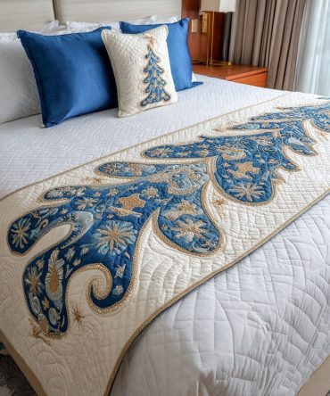 Snowflake Glow Quilted Bed Runner — Elegant Winter Bedding Accent With Delicate Snowflake Embroidery, Soft Quilting, Reversible & Easy Care