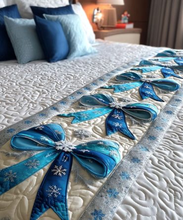 Snowflake Ribbon Quilted Bed Runner — Elegant Snowflake Christmas Bed Scarf With Quilted Ribbon Design, Festive Bedroom Accent, Machine-Washable