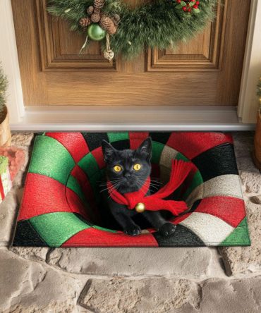 Snowlight Cat Holiday Welcome Mat — Winter Cat Doormat With Snowy Design For Front Door, Porch & Cozy Indoor Entryway Accents