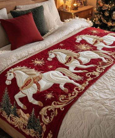 Snowlight Horses Quilted Bed Runner — Winter Horse Motif Bed Scarf, Cozy Quilted Throw For Holiday Stables, Guest Rooms, & Rustic Bedrooms