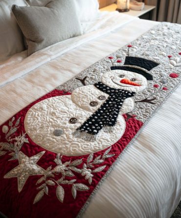 Snowman Glow Quilted Bed Runner — Illuminated Holiday Snowman Bed Scarf, Quilted Festive Accent For Cozy Winter Bedrooms
