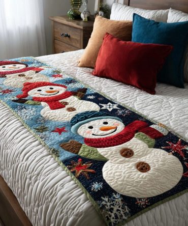 Snowman Charm Quilted Bed Runner — Festive Snowman Bed Scarf For Holiday Bedrooms, Soft Quilting & Easy Care
