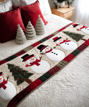 Snowman Cheer Quilted Bed Runner — Playful Snowman Holiday Bed Scarf, Family-Friendly Christmas Bedding Accent, Reversible & Washable
