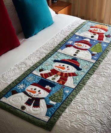 Snowman Friends Quilted Bed Runner — Whimsical Snowman Bed Scarf For Winter & Holiday Bedroom Decor, Soft & Durable