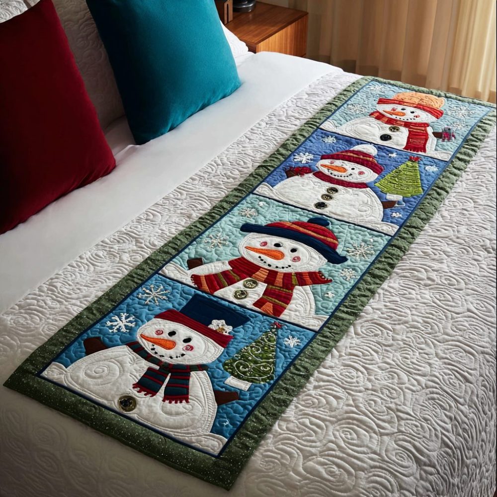 Snowman Friends Quilted Bed Runner — Whimsical Snowman Bed Scarf For Winter & Holiday Bedroom Decor, Soft & Durable