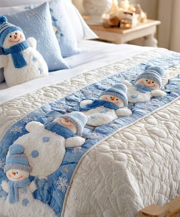 Snowman Frostlight Quilted Bed Runner — Playful Snowman Holiday Bed Scarf, Quilted Seasonal Accent For Kids & Family Rooms