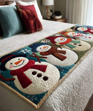 Snowman Gathering Quilted Bed Runner — Festive Snowman Scene Bed Scarf For Holiday Bedrooms, Durable & Machine Washable