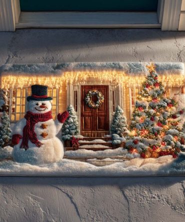 Snowman Cottage Welcome Mat — Cozy Front Porch Doormat With Whimsical Snowman Design For Winter And Holiday Decor
