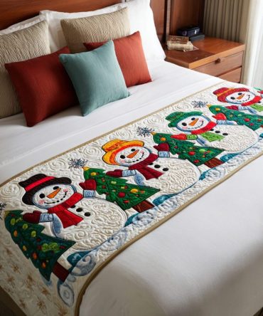 Jolly Snowman Quilted Bed Scarf — Festive Snowman Holiday Runner, Cozy Decorative Accent For Winter Bedding, Reversible & Easy Care