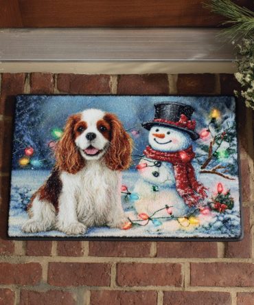 King Charles Spaniel Snowman Doormat — Cute Winter Dog Welcome Mat, Durable Coir, Holiday Entry Rug, Non-Slip Backing, Great Gift
