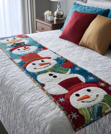 Snowman Magic Quilted Bed Runner — Enchanting Winter Bed Scarf With Snowman Motifs, Perfect Holiday Bedroom Accent