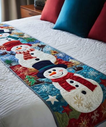 Snowman Smiles Quilted Bed Runner — Charming Winter Bed Scarf With Smiling Snowmen, Cozy Holiday Bedroom Accent