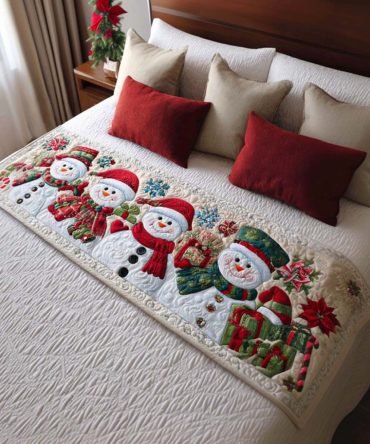 Snowman Smiles Quilted Bed Runner — Cheerful Snowman Christmas Bed Scarf, Kids Holiday Bedding Accent, Reversible And Machine Washable