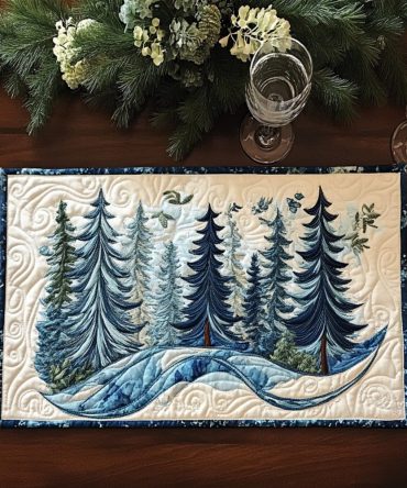 Snowy Pine Quilted Placemat — Winter Pine Forest Table Accent, Festive Seasonal Quilting, Insulating Cotton-Blend, Machine Washable, Cozy Holiday Table Décor