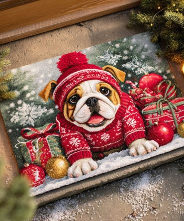 Snowy Bulldog Welcome Mat — Winter Bulldog Doormat For Holiday & Cold-Weather Decor , Durable Outdoor/Indoor Mat, Non-Slip, Festive Entrance