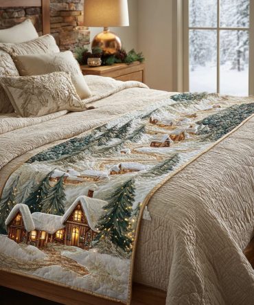Snowy Cabin Quilted Bed Runner - Cozy Rustic Lodge Bed Scarf With Snowflake & Cabin Motifs, Perfect Winter Bedroom Accent, Warm