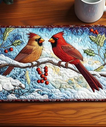 Snowy Cardinals Quilted Placemat – Winter Bird Table Mat With Cardinal Motif, Quilted Cotton Protection, Heat-Resistant & Machine-Washable For Holiday Decor