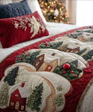 Snowy Cottage Lane Quilted Bed Runner — Serene Snow-Covered Village Bedding Accent For Cozy Winter Home Styling & Guest Rooms