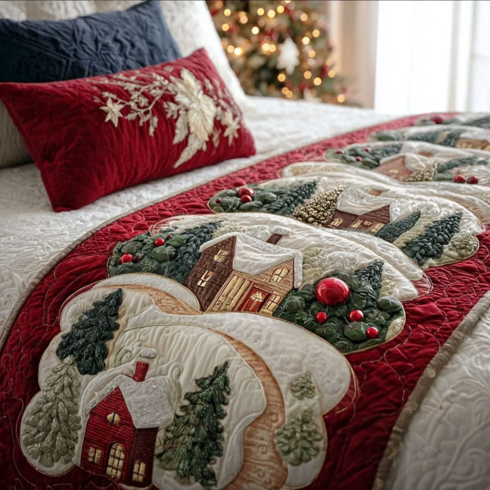Snowy Cottage Lane Quilted Bed Runner — Serene Snow-Covered Village Bedding Accent For Cozy Winter Home Styling & Guest Rooms