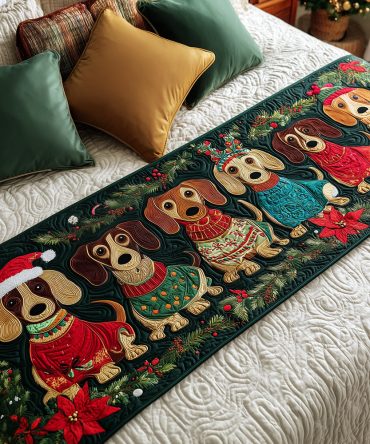 Snowy Dachshund Quilted Bed Scarf - Cute Dog-Themed Holiday Bed Runner, Soft Insulated Throw, Pet-Lover Gift