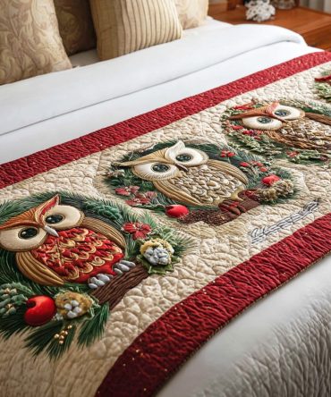 Snowy Feather Quilted Bed Runner — Lightweight Feather Motif Accent Throw For Queen & King Beds, Serene Scandi Bedroom Style