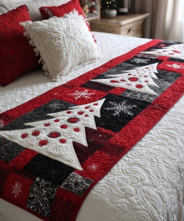 Snowy Forest Quilted Bed Runner — Winter Woodland Accent Scarf, Cozy Quilted Runner With Scenic Motif For Seasonal & Year-Round Use