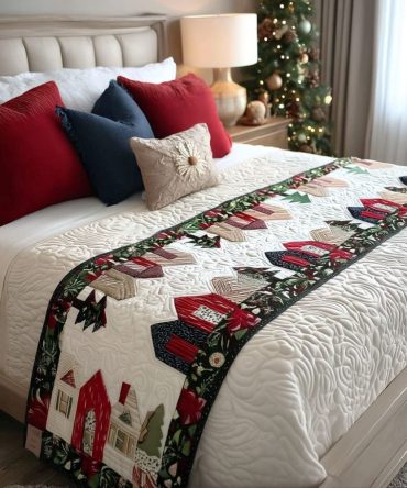 Snowy Homes Quilted Bed Runner — Winter Village Bed Scarf With Cute Snow House Motif, Cozy Seasonal Décor For Beds And Guest Rooms