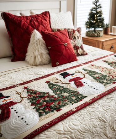 Snowy Joy Quilted Bed Runner — Cheerful Winter-Themed Bedding Accent With Snow Motifs, Cozy Quilting For Holiday Styling