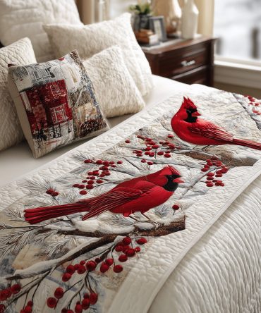 Snowy Perch Delight Quilted Bed Scarf — Winter Bird & Floral Runner For Cozy Seasonal Styling, Soft Quilting And Subtle Festive Charm