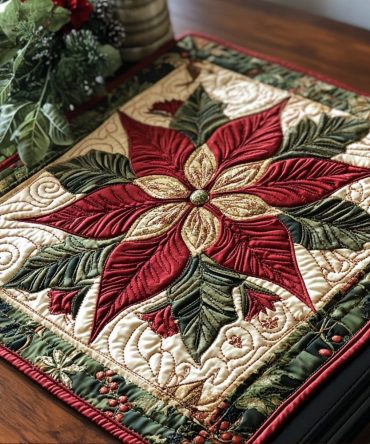 Snowy Petals Quilted Holiday Placemat — Winter Floral Table Mat, Soft Insulated, Machine Washable, Elegant Seasonal Decor
