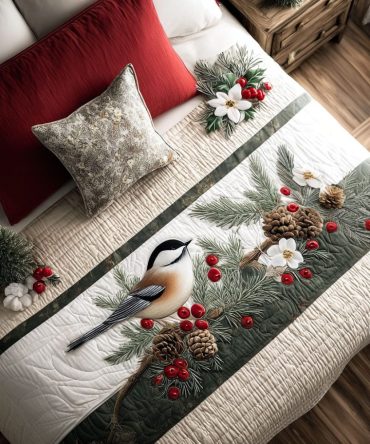 Snowy Pine Perch Quilted Bed Runner — Winter Pine & Snow Accented Bed Scarf, Cozy Quilted Decorative Runner For Holiday Bedrooms