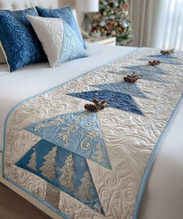 Snowy Pines Quilted Bed Runner - Winter Pine Needle Motif Decorative Bed Scarf, Reversible Cotton Blend For Cozy Holiday & Ski Lodge Styling